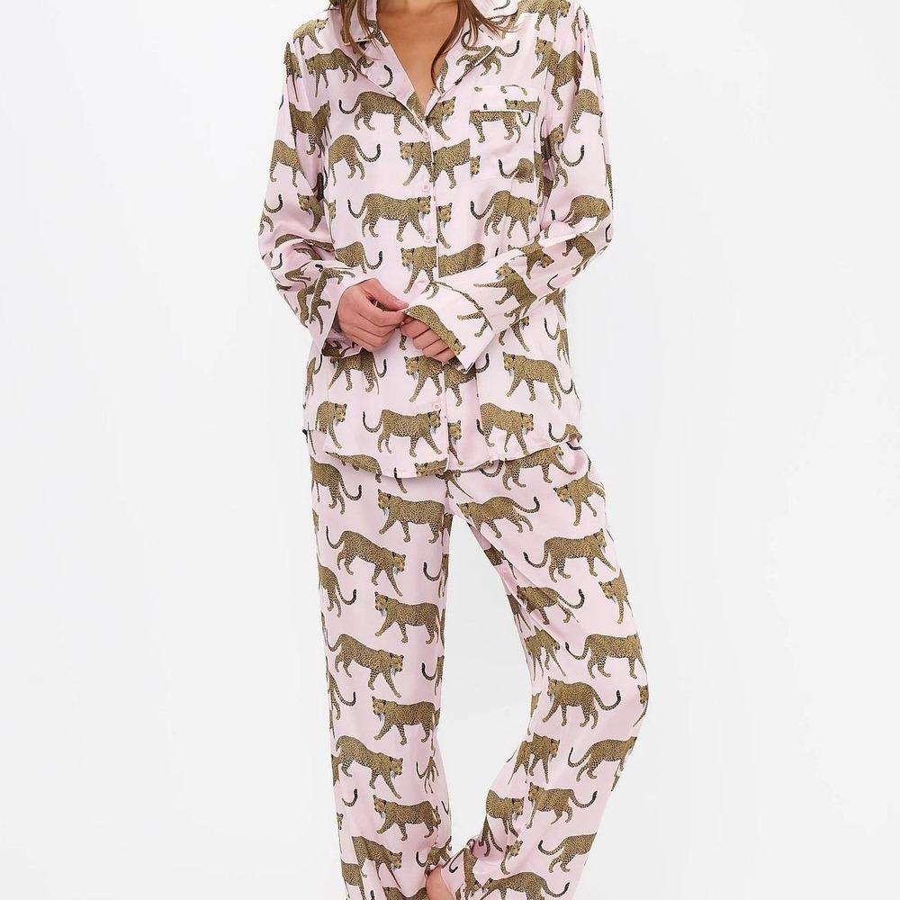 Show Me Your Mumu XS Satin Classic PJ Set Pink Catwalk Cheetah